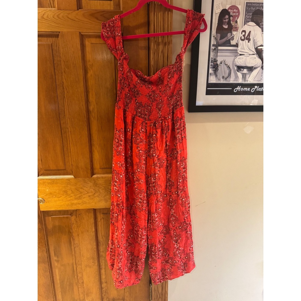 Rebellion One Red Paisley Wide Leg Jumpsuit XL Boho Festival Smocked Romper - Picture 6 of 12
